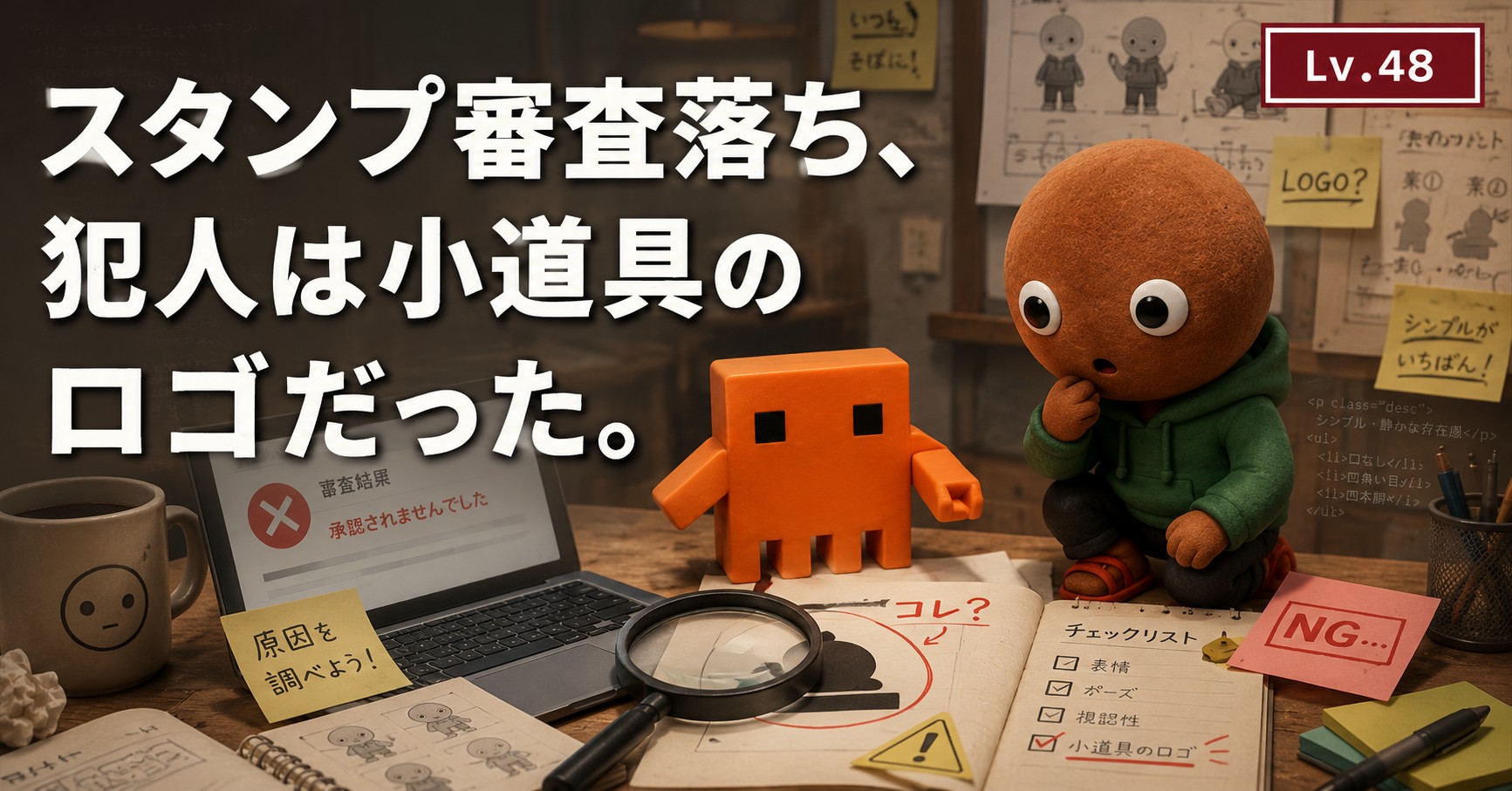 スタンプ審査落ち、犯人は小道具のロゴだった。