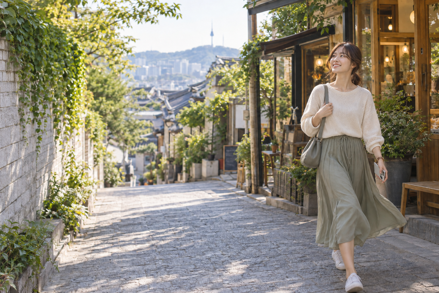 次のお店を楽しみに、旅先の路地を軽やかに歩く女性。