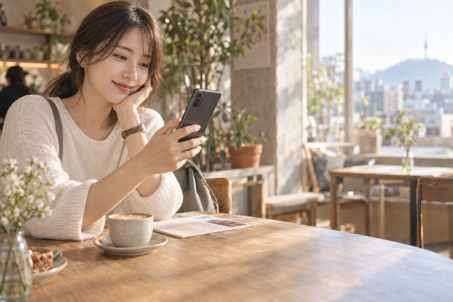 日差しが入るカフェで、メニューを前にスマホを見る旅行者。AI生成の利用イメージ。