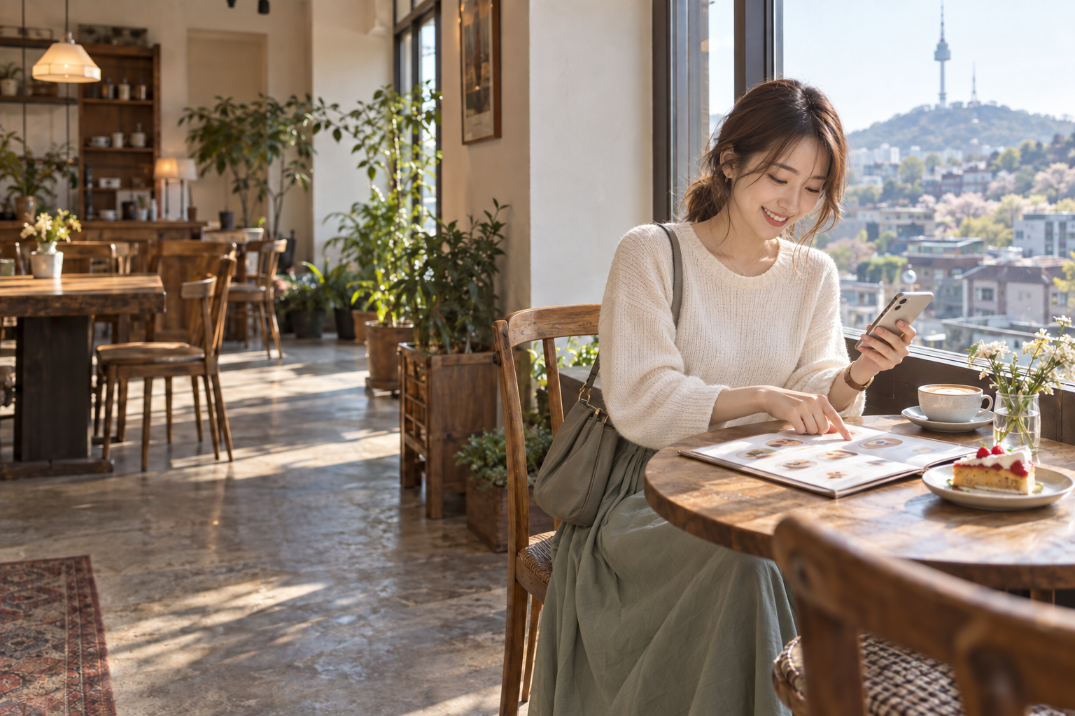 カフェでスマホを確かめながら、メニューから食べたいものを選ぶ女性。