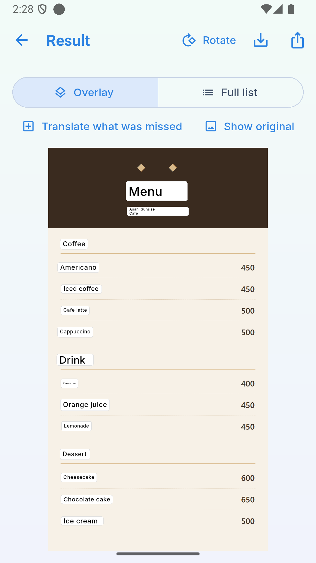 Actual Android translation result: a Japanese café menu with English translations.