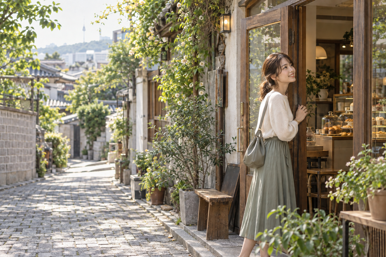 路地で気になるカフェを見つけ、笑顔で入口をのぞく女性。